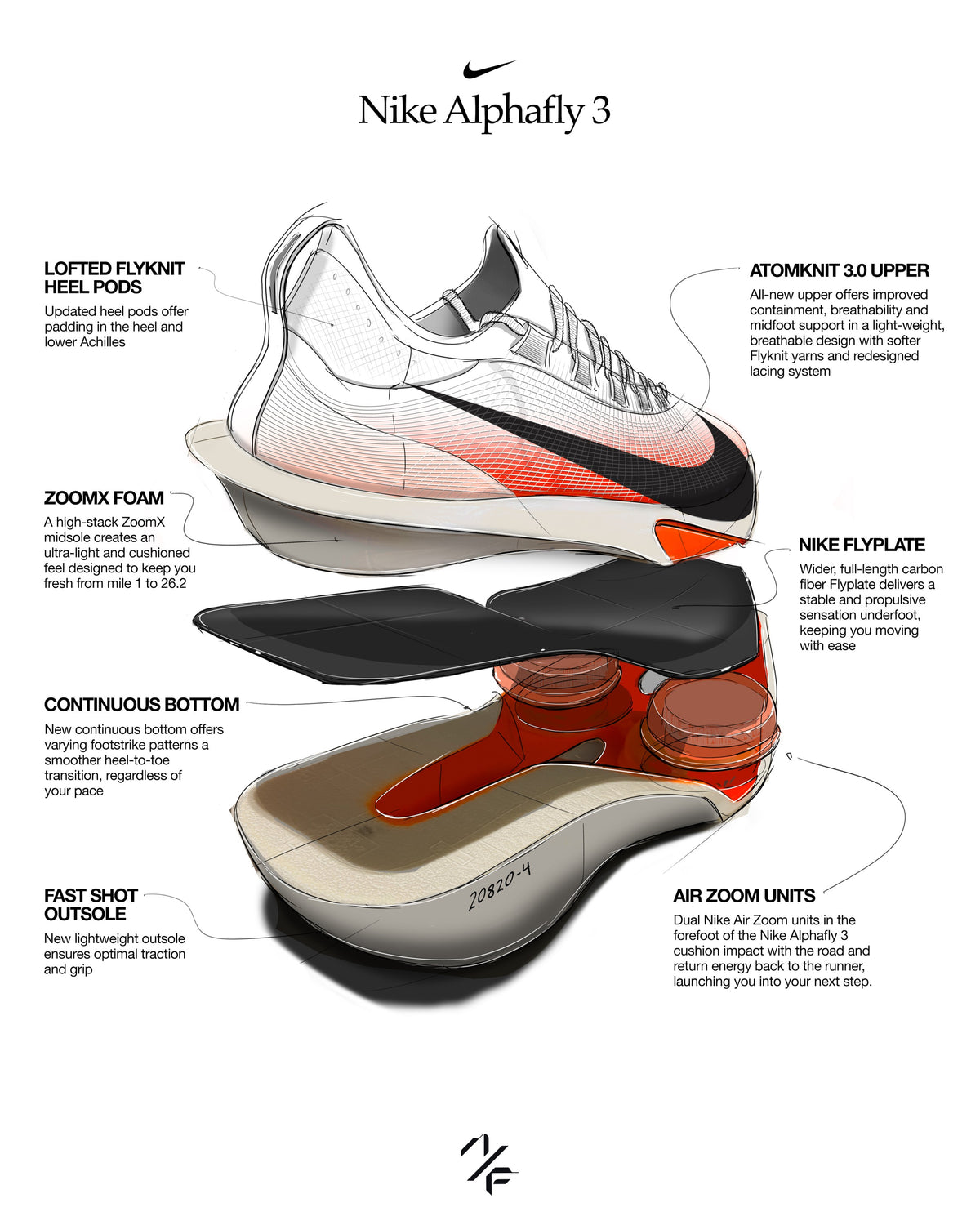 Nike Alphafly 3 en despiece con las distintas capas de la suela